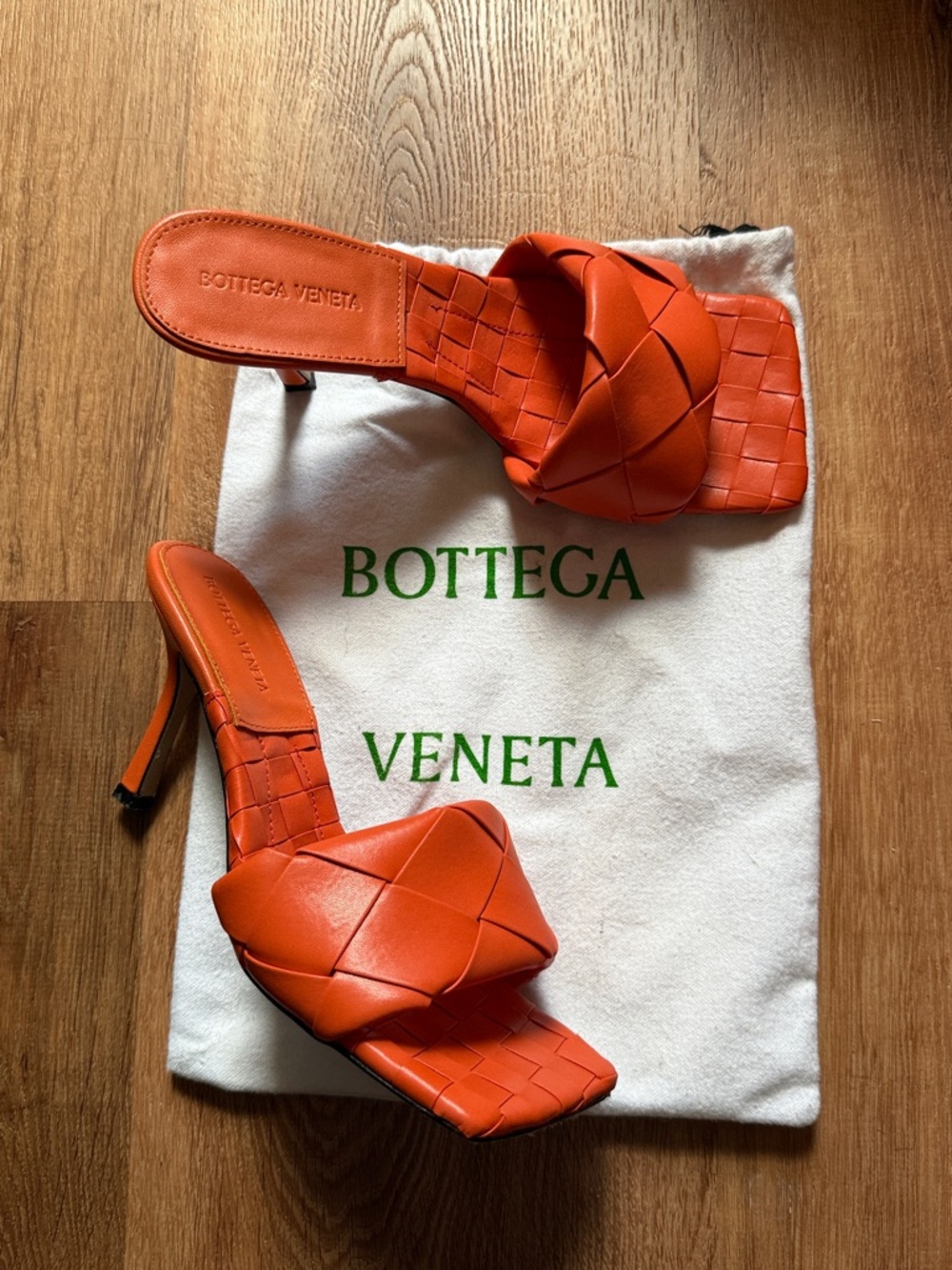 Bottega Veneta Orange Leather Knot Slide Sandals heels